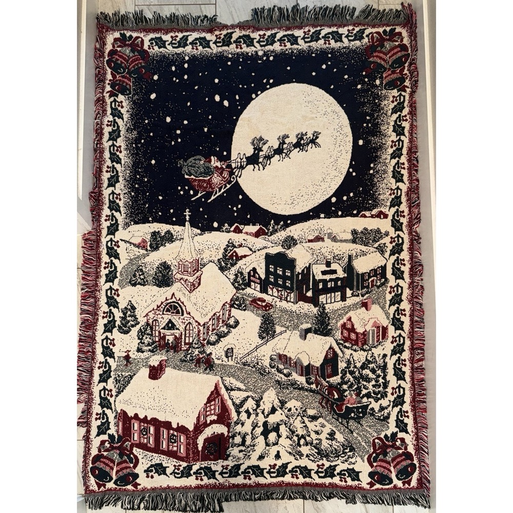 Crown Crafts Vintage Christmas Woven Tapestry Throw Blanket Santa Sleigh Village